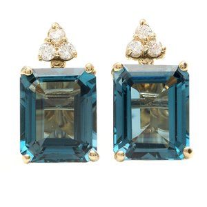 8.14ct Natural London Blue Topaz and Diamond 14K Yellow Gold Earrings